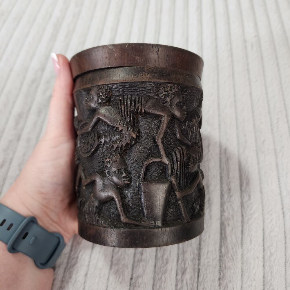 Intricately Carved dark wooden jar with lid African Design  T